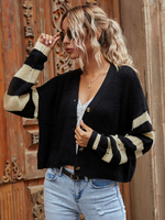 Frauen Pullover Cardigans Schwarz Polyester-Farben-Block mit langen Ärmeln V-Ausschnitt Wintermäntel