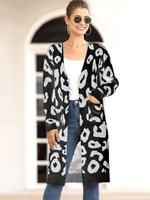 Frauen Pullover Cardigans schwarze Acryl-Leopard-Druck mit langen Ärmeln V-Ausschnitt