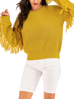 Frauen Pullover Gelb Juwel Hals Langarm Ärmel Fransen Casual Acryl Pullover