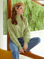 Frauen Pullover Grün High Collar Langarm Polyester Pullover
