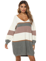 Frauen Pullover Kleid Übergroße V Nck Langarm Zwei Ton Strick Etuikleider