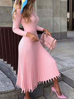 Frauen Pullover Kleid Maxikleider Rosa Langarm Hellhimmel Blau Juwelenhals Plissee Polyester Bodenlanges Kleid