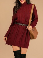 Frauen Pullover Kleider Burgund High Collar Langarm Strickkleid