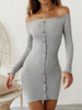Frauen Pullover Kleider Grau Langarm Knöpfe Casual Bodycon Kleider Bateau Neck Slim Fit Buttons Etuikleid