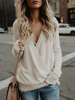 Frauen Pullover Pullover Aprikose V-Ausschnitt Langarm Wickel Casual Pullover