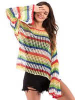 Frauen Pullover Pullover ausgeschnitten Farbe Block Juwel Hals lange Ärmel ausgestellte Ärmel Acrylpullover