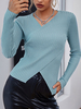 Frauen Pullover Pullover Baby Blau Paspel V-Ausschnitt Lange Ärmel Stretch Polyester Pullover