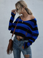 Frauen Pullover Pullover Blau ausgeschnitten zweifarbige V-Ausschnitt Langarm Polyester Pullover