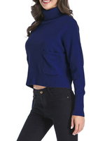 Frauen Pullover Pullover Blau Hoher Kragen Lange Ärmel Kurze Pullover