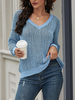 Frauen Pullover Pullover Blau mit V-Ausschnitt mit langen Ärmeln Baumwolle Pullover