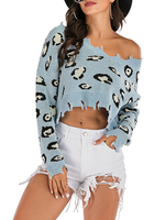 Frauen Pullover Pullover Blue Leopard Print Off-The-Shoulder Langarm Hohe Niedrige Pullover