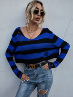 Frauen Pullover Pullover Blue Stripes V-Ausschnitt Langarm Baumwolle Casual Sweater
