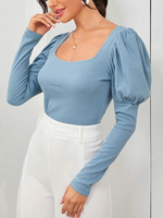Frauen Pullover Pullover Blue U Neck Puff Langarmpullover
