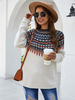 Frauen Pullover Pullover Ecru Weiß Zweifarbige Jewel Neck Long Sleeves Acryl Pullover