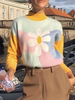 Frauen Pullover Pullover Gelb Blumendruck Hochkragen Langarm Pullover