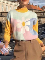 Frauen Pullover Pullover Gelb Blumendruck Hochkragen Langarm Pullover