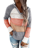 Frauen Pullover Pullover Grau Ausschnitt Streifen mit Kapuze langen Ärmeln Kordelzug Short Pullover