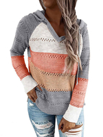 Frauen Pullover Pullover Grau Ausschnitt Streifen mit Kapuze langen Ärmeln Kordelzug Short Pullover