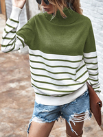Frauen Pullover Pullover Hunter Green Stripes High Collar Langarm Casual Sweater