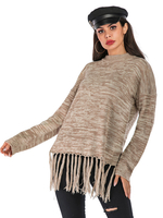 Frauen Pullover Pullover Khaki Jewel Neck Langarm Baumwolle Quaste Winterpullover