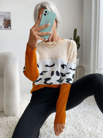 Frauen Pullover Pullover Light Apricot Color Block Jewel Neck Lange Ärmel Stretch Polyester Pullover