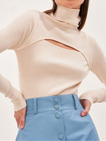 Frauen Pullover Pullover Light Apricot Cut Out Stehkragen Lange Ärmel Stretch Polyester Pullover