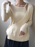 Frauen Pullover Pullover Light Apricot Jewel Neck Lange Ärmel Gefälschte Zweiteiler Pullover