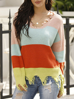 Frauen Pullover Pullover rosa Streifen mit V-Ausschnitt mit langen Ärmeln Pullover