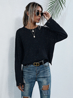 Frauen Pullover Pullover Schwarz bedruckt Juwelenhals Langarm Baumwolle Pullover