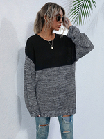 Frauen Pullover Pullover Schwarz Farbe Block Jewel Neck Langarm Baumwolle Pullover