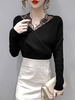 Frauen Pullover Pullover Schwarz Spitze V-Ausschnitt Langarm Polyester Pullover Shirt