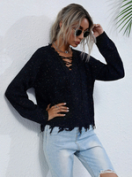 Frauen Pullover Pullover Schwarz V-Ausschnitt Langarm Baumwolle Pullover Shirt