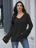 Frauen Pullover Pullover Schwarz V-Ausschnitt Langarm Pullover