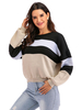 Frauen Pullover Pullover Schwarz Weiß Split Color Block Jewel Neck Langarm Polyester Pullover