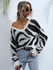 Frauen Pullover Pullover Schwarz Weiß Split Color Zebradruck V-Ausschnitt Langarm Polyester Pullover