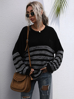 Frauen Pullover Pullover Split Color Streifen Jewel Neck Langarm Baumwolle Pullover