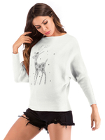 Frauen Pullover Pullover Weiß gedruckt Juwelenhals Langarm Baumwolle Pullover