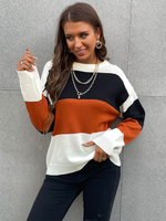 Frauen Pullover Pullover Weißer Farbblock Jewel Neck Lange Ärmel Stretch Polyester Pullover