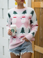 Frauen Pullover Sweater rosa Weihnachtsmuster Jewel Neck Pullover mit langen Ärmeln