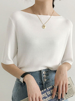 Frauen Pullover Sweater White Bateau Neck Half Sleeves Gestrickte Lose Pullover