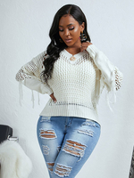 Frauen Pullover Sweater White Cut Out Jewel Neck Langarm Acryl Pullover
