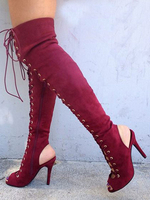 Frauen rückenfreie Sommerstiefel schnüren Peep Toe 4;3 "Pfennigabsatz Overknee Stiefel