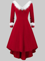Frauen Red Christmas Skater Kleider V-Ausschnitt Langarm Federn Color Block Unregelmäßiges lässiges ausgestelltes Kleid