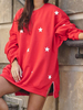 Frauen Red Hoodie Stars Bedruckt Langarm Polyester Hooded Midi Sweatshirt