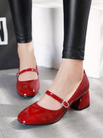 Frauen Red Mid Low Heels Runde Zehen PU Leder Hübsche Pumps Heels Schuhe