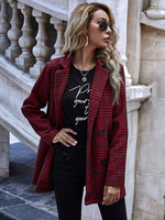 Frauen Red Plaid Blazer Turndown Kragen Langarm Polyester Jacke