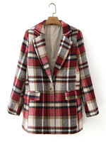 Frauen Red Plaid Coat Turndown Collar Langarm Polyester Classic Wickelmantel