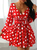 Frauen Red Skater Kleider Polka Dot Polyester V-Ausschnitt Sexy Langarm Fit Kleid Midi Kleid
