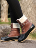 Frauen Regenstiefel Qualität PU Leder Runde Zehen Kaffee Braune Schnalle Detail Schnür Ente Stiefel