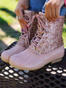 Frauen Regenstiefel Rosa Praktische Pailletten Stoff Runde Zehen Waterproot Schnüren Entenstiefel